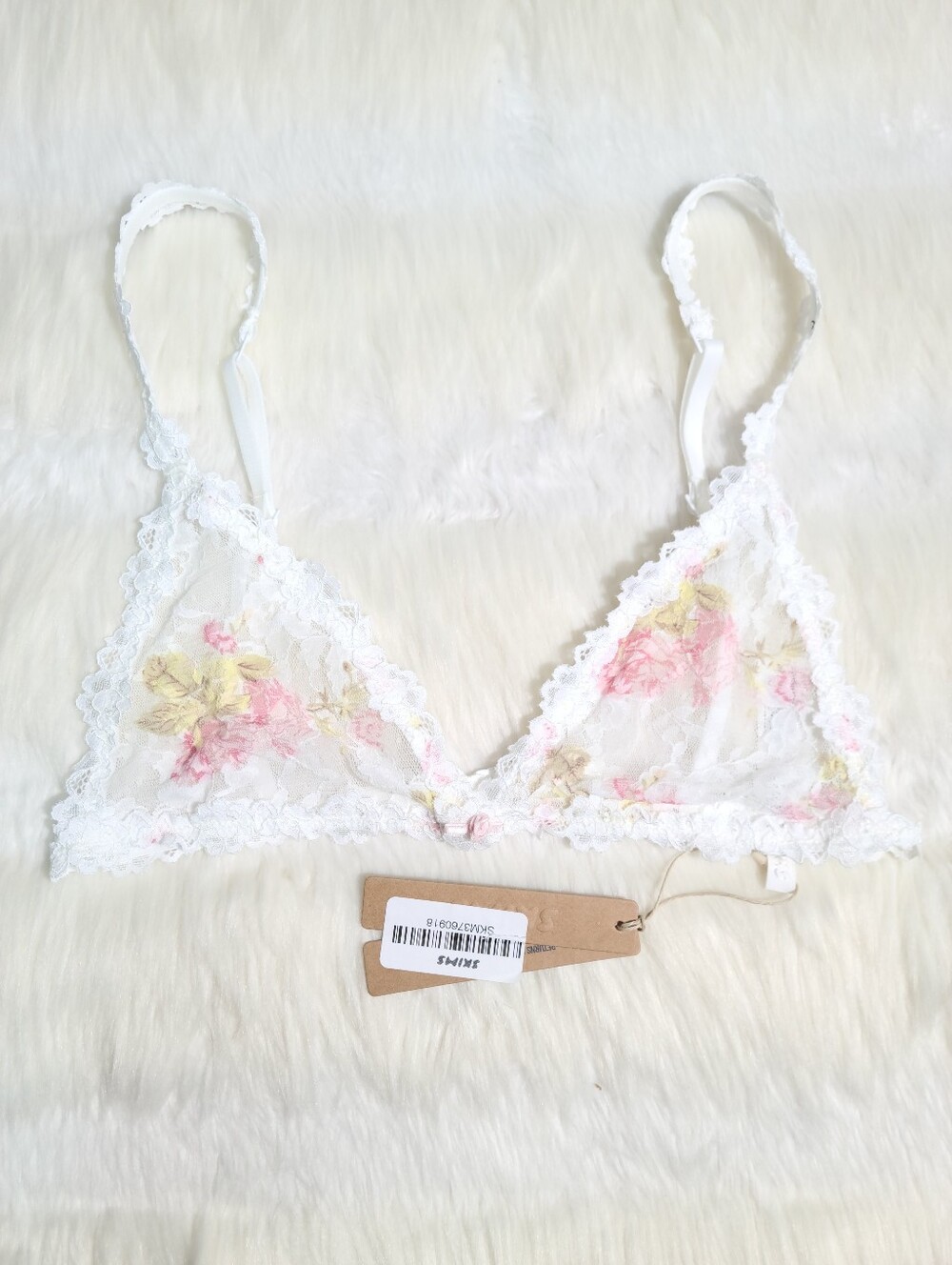 SKIMS Stretch Lace Triangle Bralette Snow Vintage Floral Print Women Medium NEW